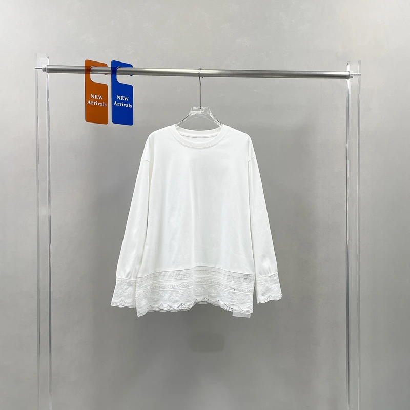 白色圆领长袖蕾丝拼接T恤女2025春季新款宽松中长款打底上衣7792