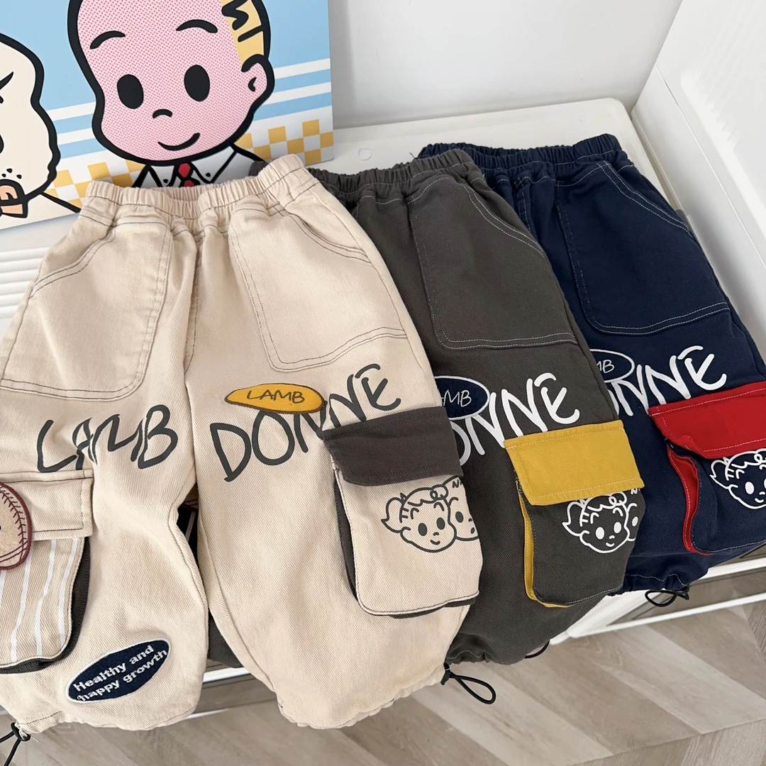 儿童春秋休闲裤日式裤子纯棉工装宽松宝宝长裤男童女童松紧收脚裤