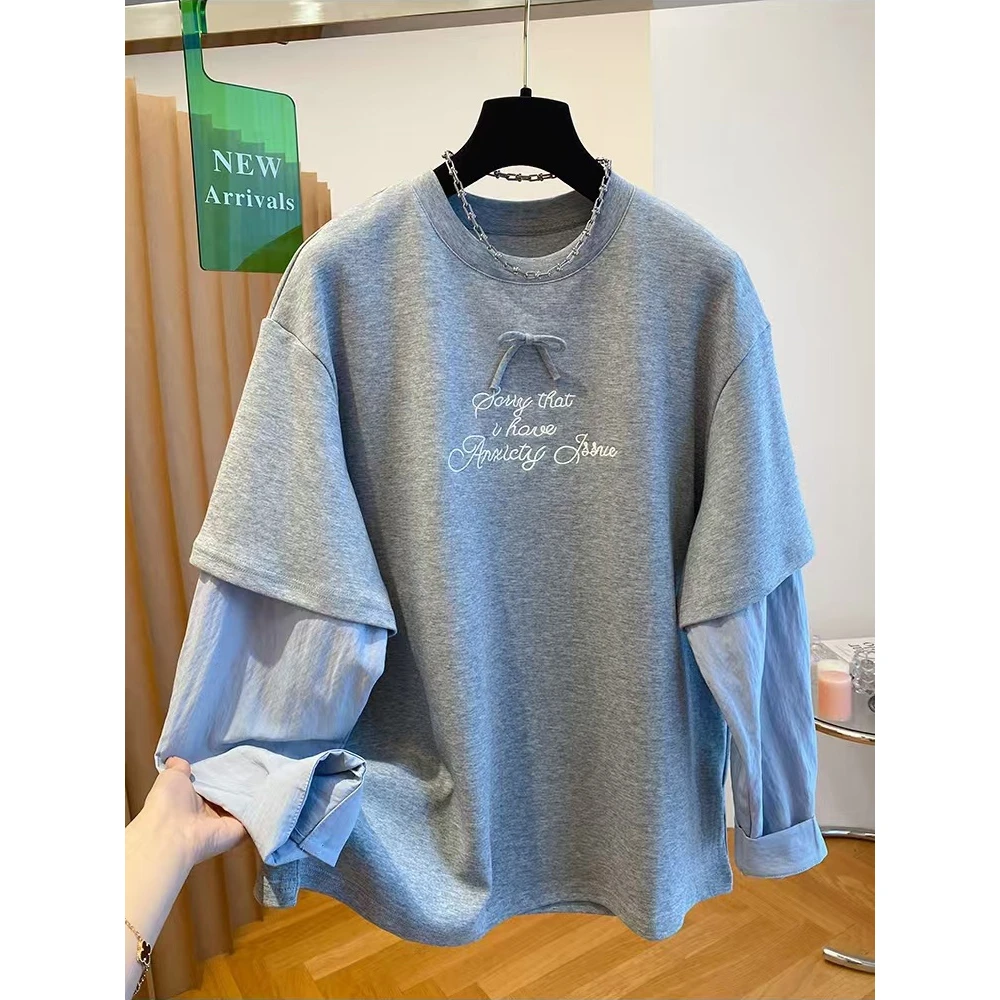 胖妹妹240斤大码假两件蝴蝶结长袖T恤女秋季新款宽松显瘦圆领上衣