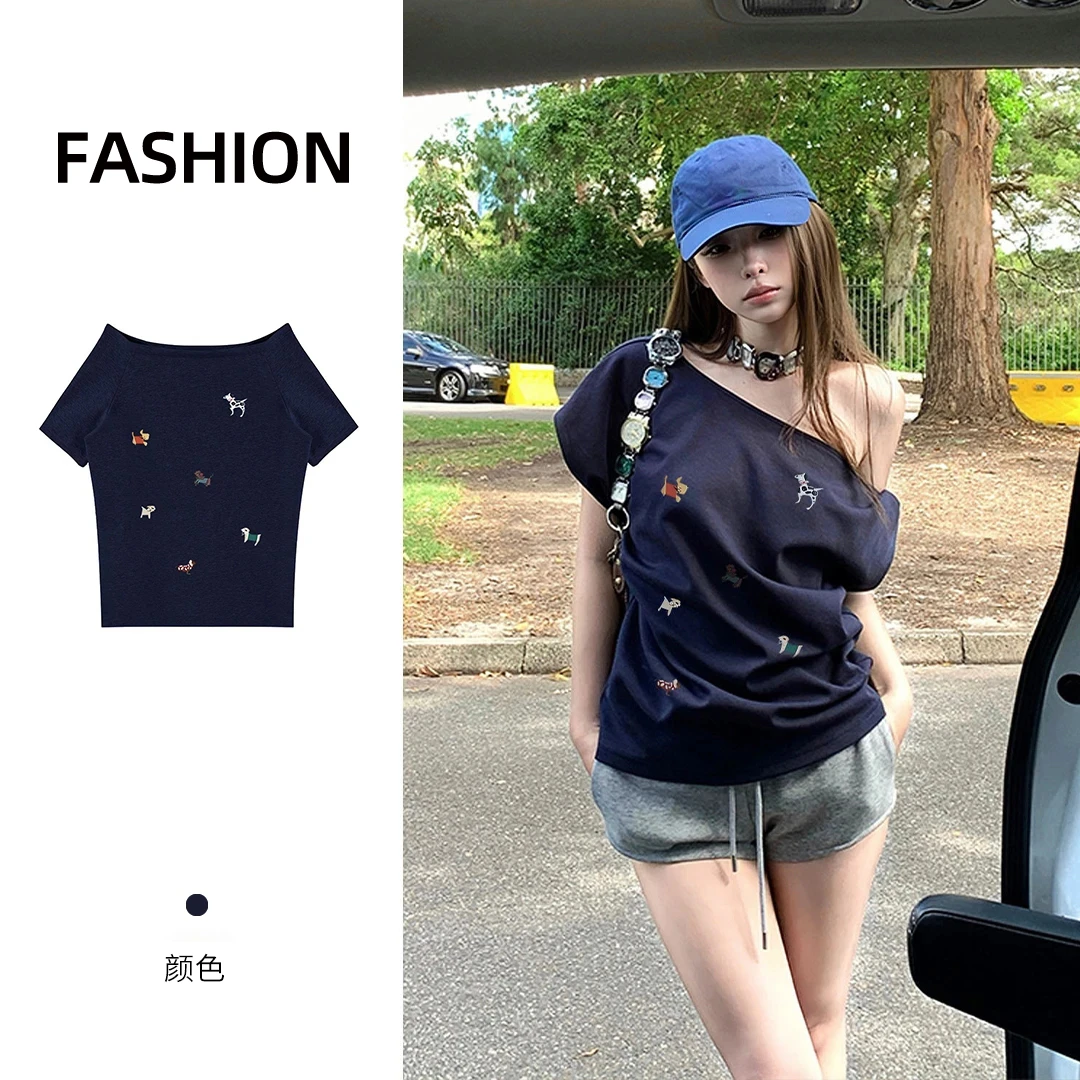 洋气印花斜肩短袖T恤女士夏季2025新款辣妹时尚设计感一字肩上衣