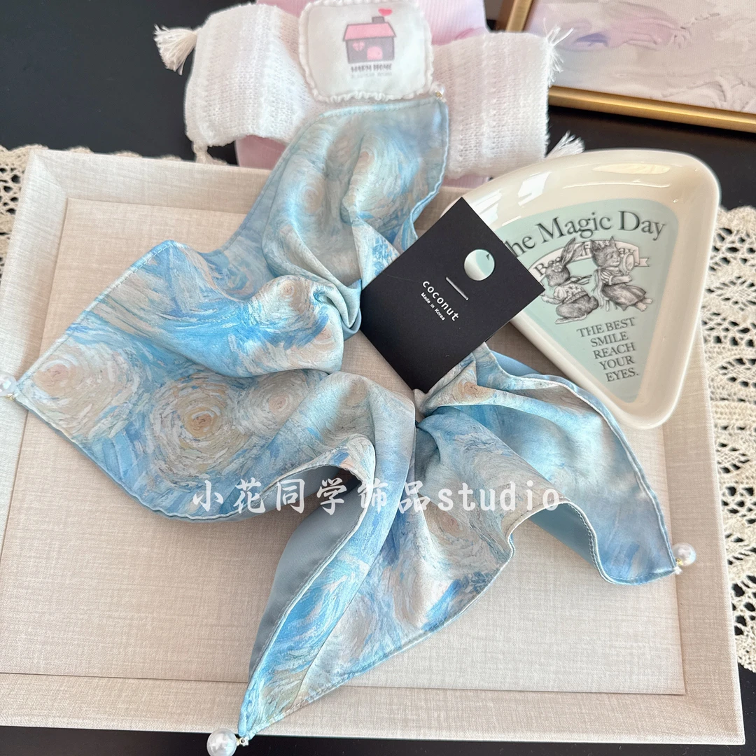 韩国发饰2025新款蓝色油画风珍珠方巾大肠发圈女韩系布艺欧若风