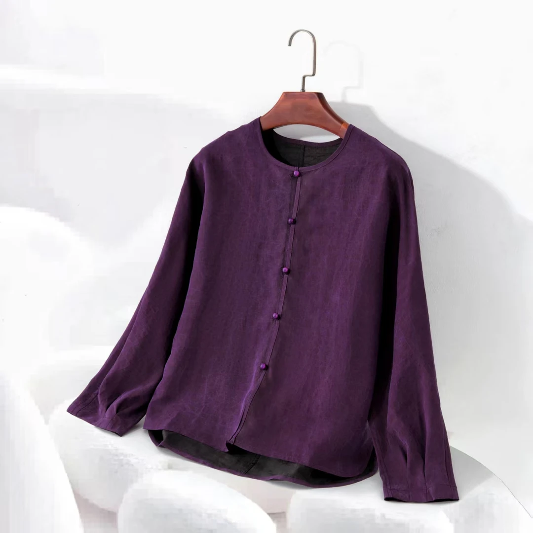 【100%桑蚕丝双面穿紫龟纹开衫】香云纱圆领黑色紫龟开衫外套dz311