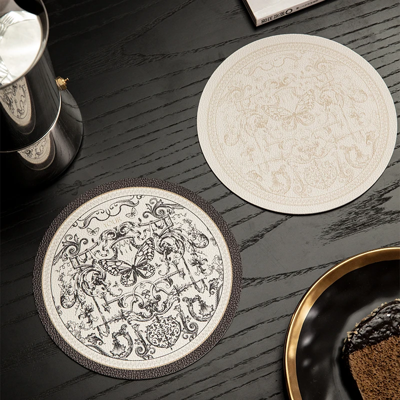 现代蝴蝶防水防油可擦洗皮革圆形餐垫桌面隔热防烫保护垫咖啡杯垫