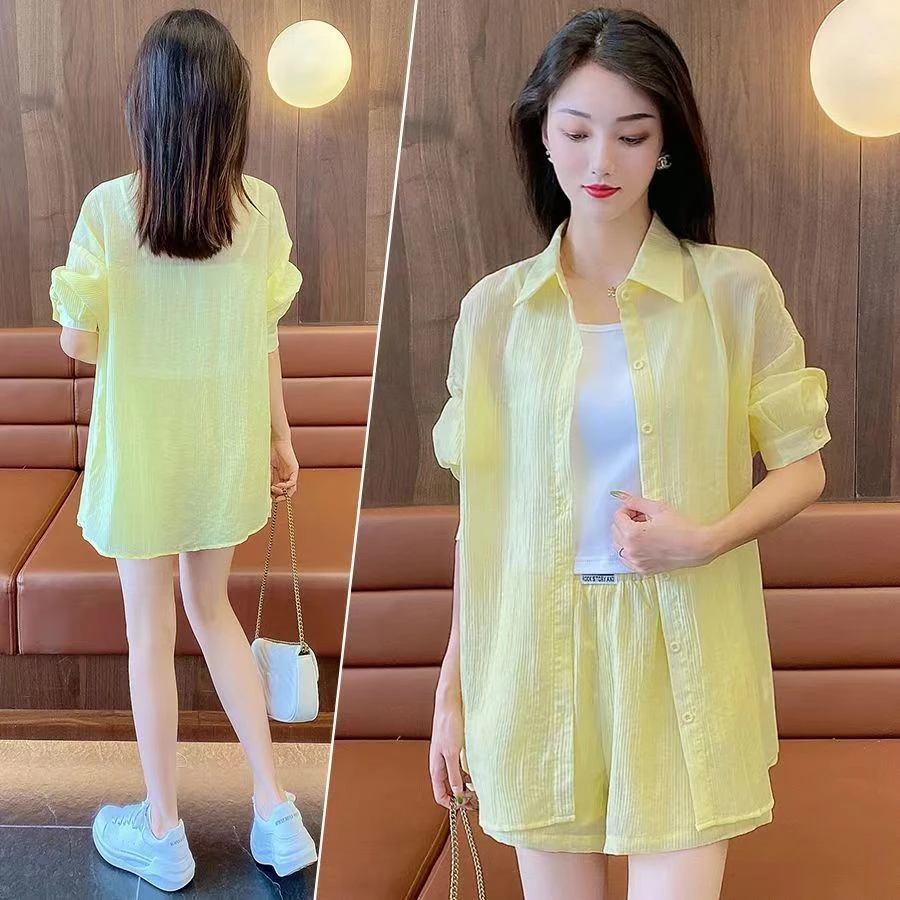 律动莫兰迪长袖防晒衫夏季休闲小香风显瘦薄款大码衬衫短裤三件套