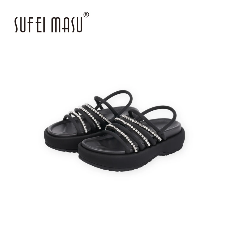 SUFEIMASU/苏菲玛素厚底凉鞋一字带时尚水钻露趾百搭夏季休闲