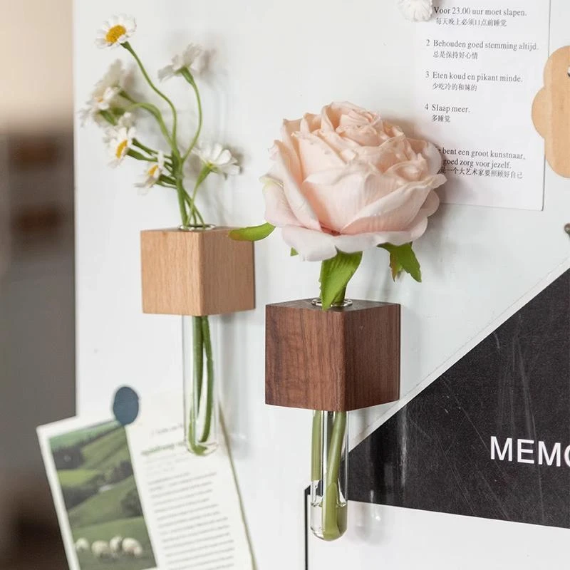 冰箱贴实木玻璃花瓶插花器鲜花朵磁吸可水培养花磁贴装饰品免打孔