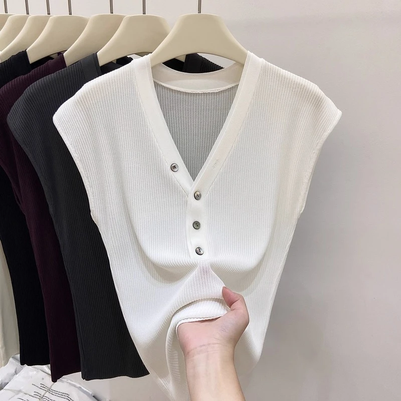 白色双层v领小飞短袖针织T恤女夏季复古设计感小众别致T恤上衣薄