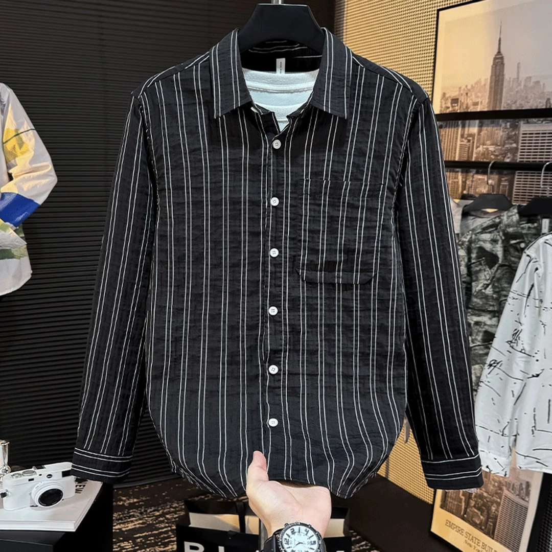 轻奢复古条纹长袖衬衫春秋新款韩版男士时尚百搭文艺休闲宽松上衣