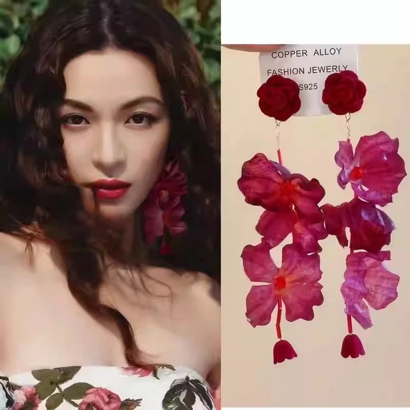 超仙红色流苏花朵长款耳环轻奢感耳环2025新款复古度假风耳饰