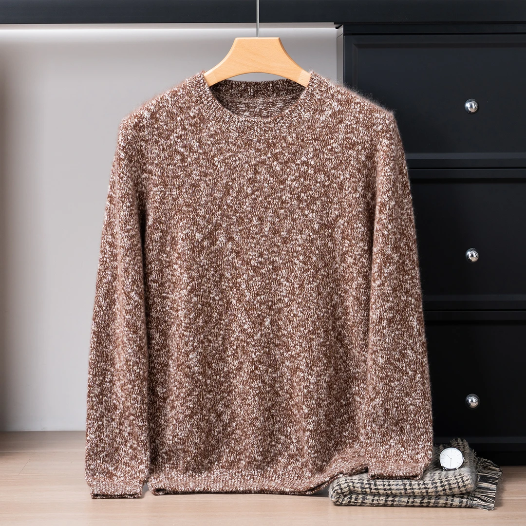 上新特惠】100%山羊绒男士520克半高针织加厚圆领时尚花纱保暖套衫