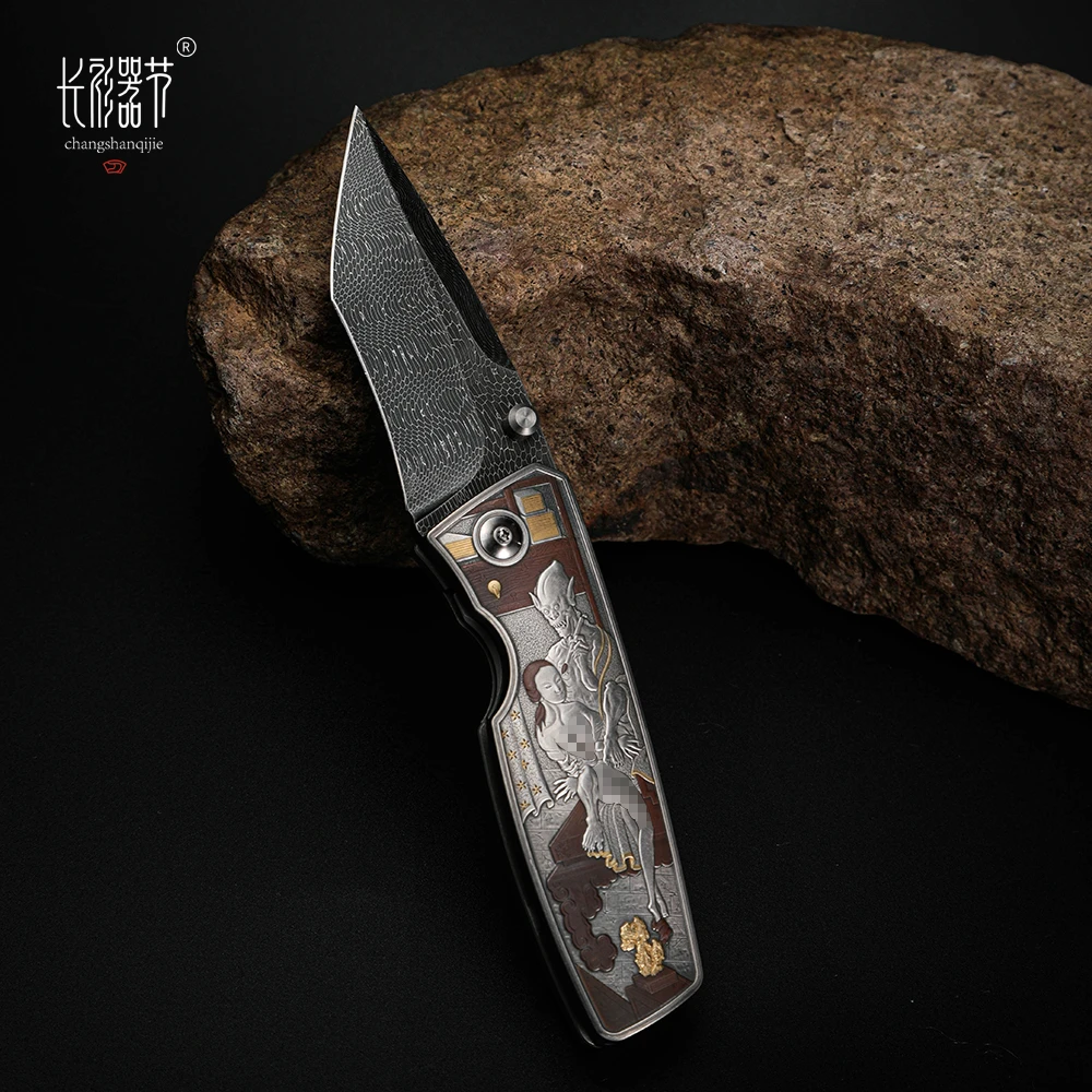 巴赫工作室[画皮]美国呼吸纹大马折刀非遗铁翦金錾刻镶金银铜藏刀