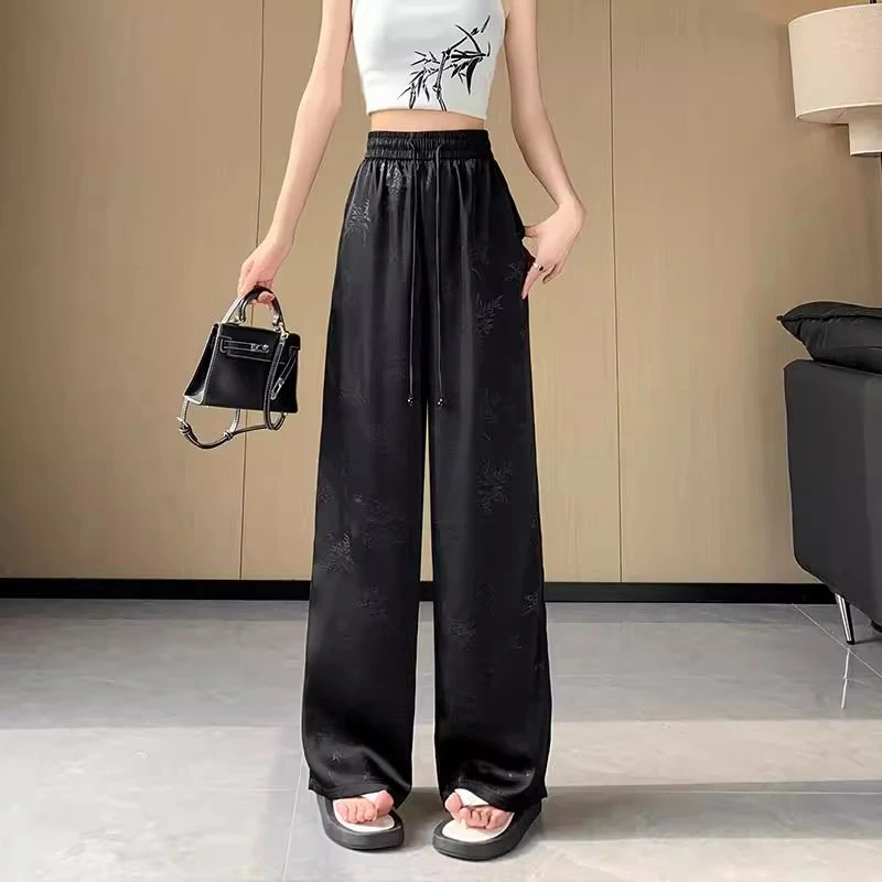 白色提花阔腿裤女春秋醋酸中式国风高级感裤子窄版夏季薄款小个子