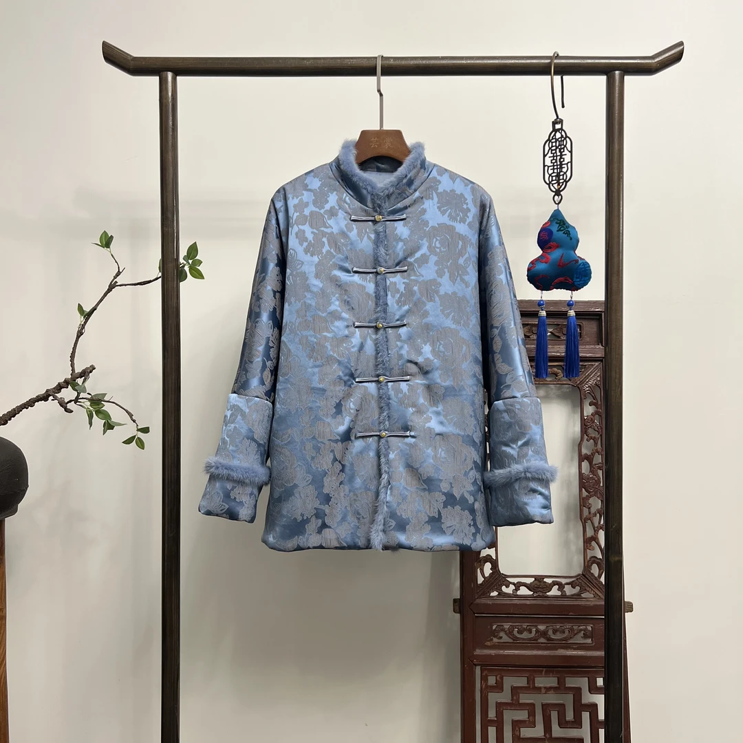 【蓝莲花】新中式真丝水貂毛加厚冬季棉服W50240