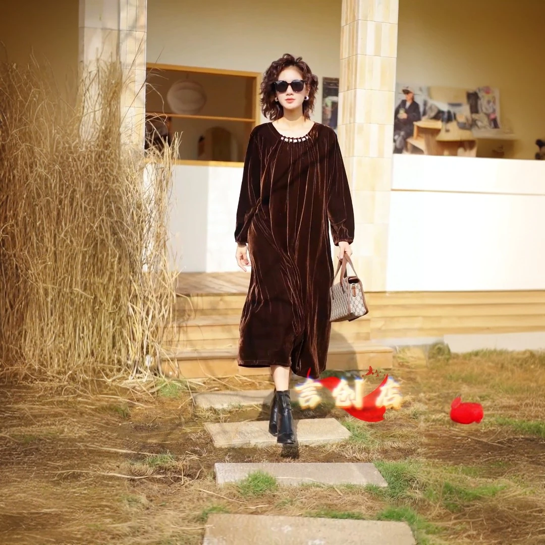 欧美学院风连衣裙长裙极简风秋季宽松套头纯色过膝丝绒长裙18085