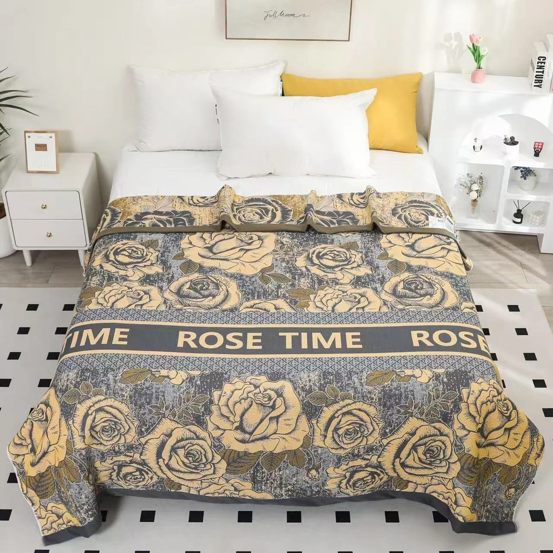 【玫瑰花黑色】 长绒棉纱布盖毯四季通用多功能休闲毯 2*2.3米