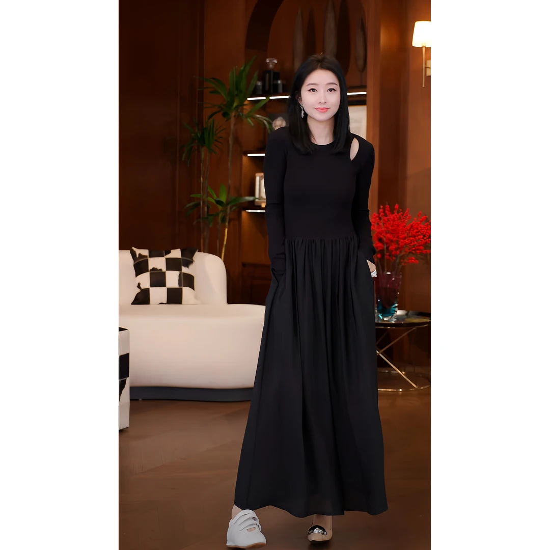 DR杨圣坤+2025新款 春季长袖镂空针织收腰显瘦连衣裙XM2501-1503