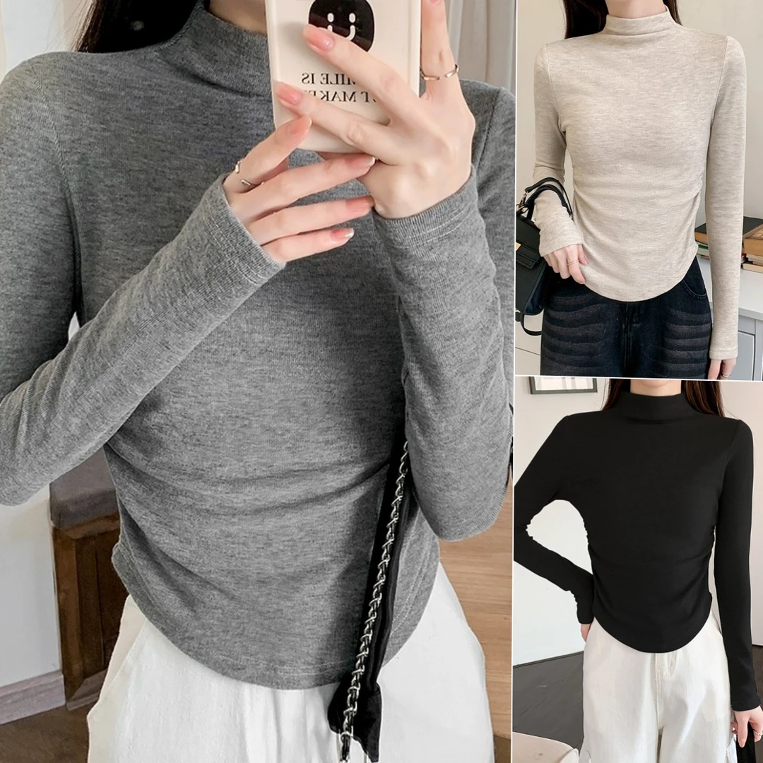 【加绒】半高领T恤长袖冬设计感抽褶磨毛保暖修身内搭打底衫S11447