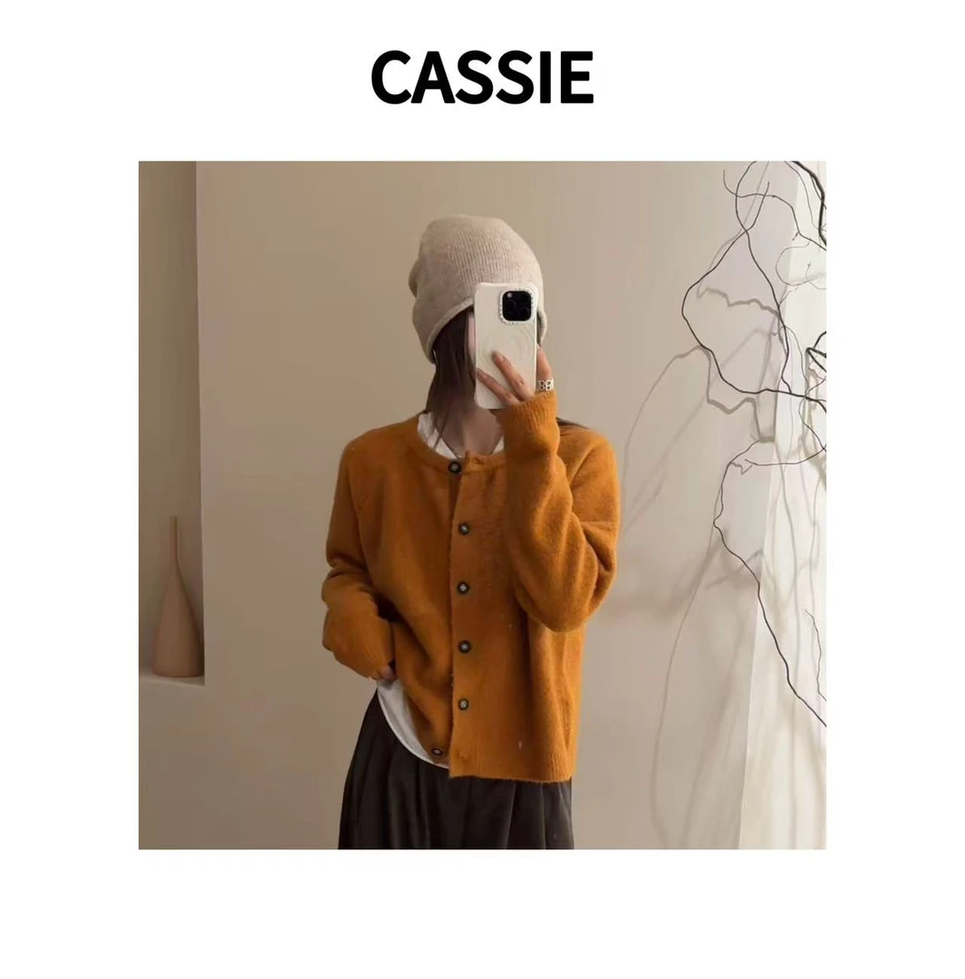 CASSIE南瓜橘色圆领毛衣开衫外套秋季针织上衣小个子外穿