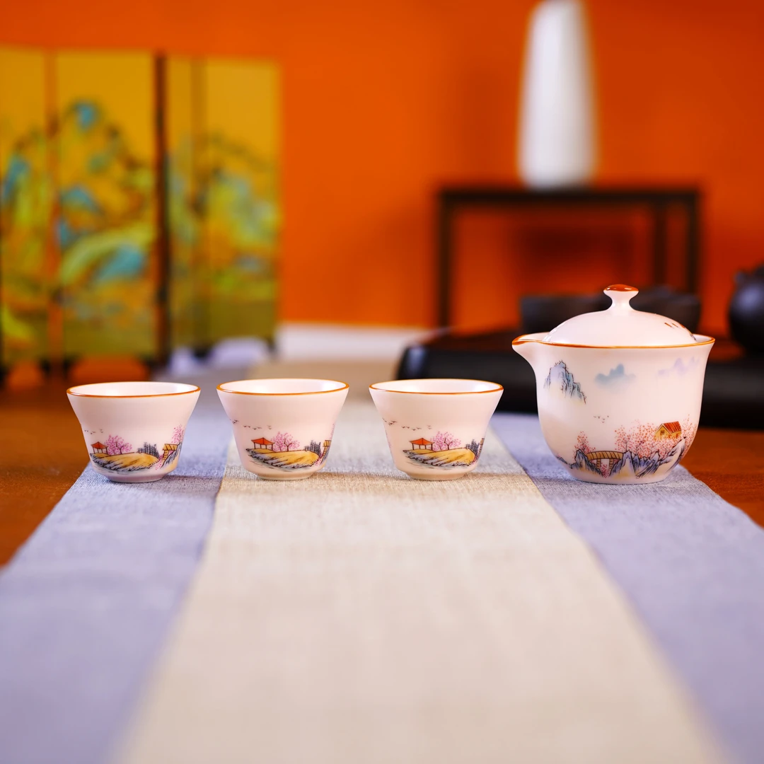 粉色中式盖碗旅行茶具套装便携式快客杯1壶3杯手绘陶瓷茶杯18-015