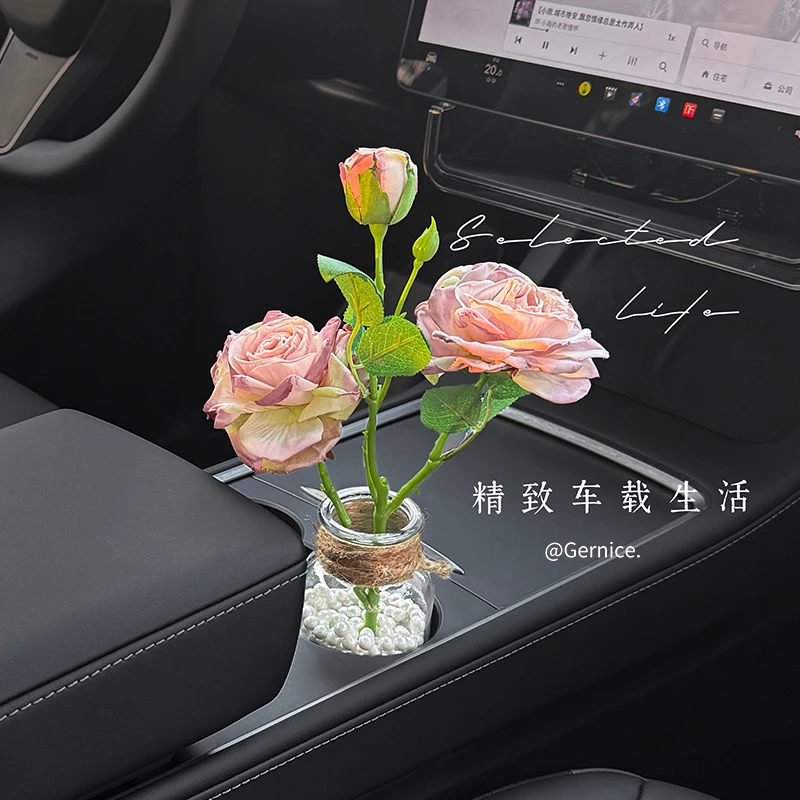 汽车摆件花束法式油画焦边玫瑰氛围车内装饰品适用水杯架车载花瓶