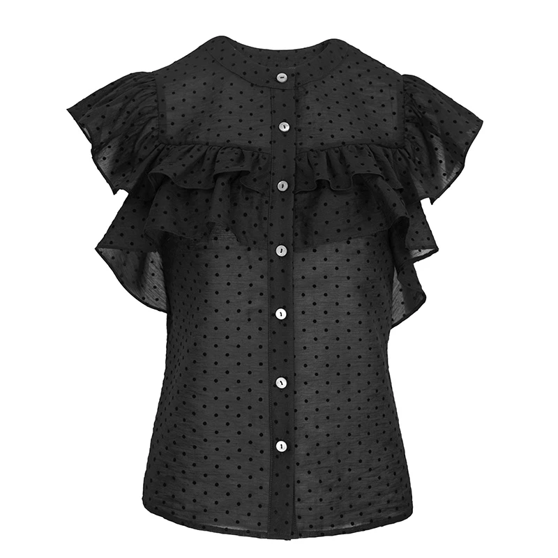 JUNGLE ME黑色波点小飞袖衬衣法式立领夏季宽松型百搭女装