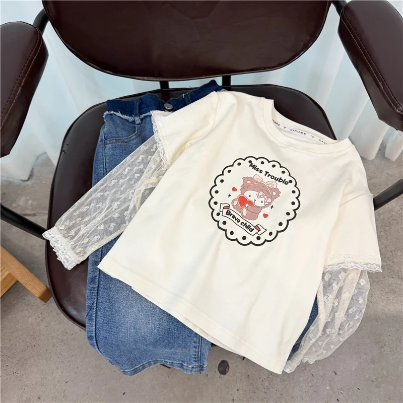 【奶油】X2578T蕾丝袖T鱼子酱品牌儿童女童服装