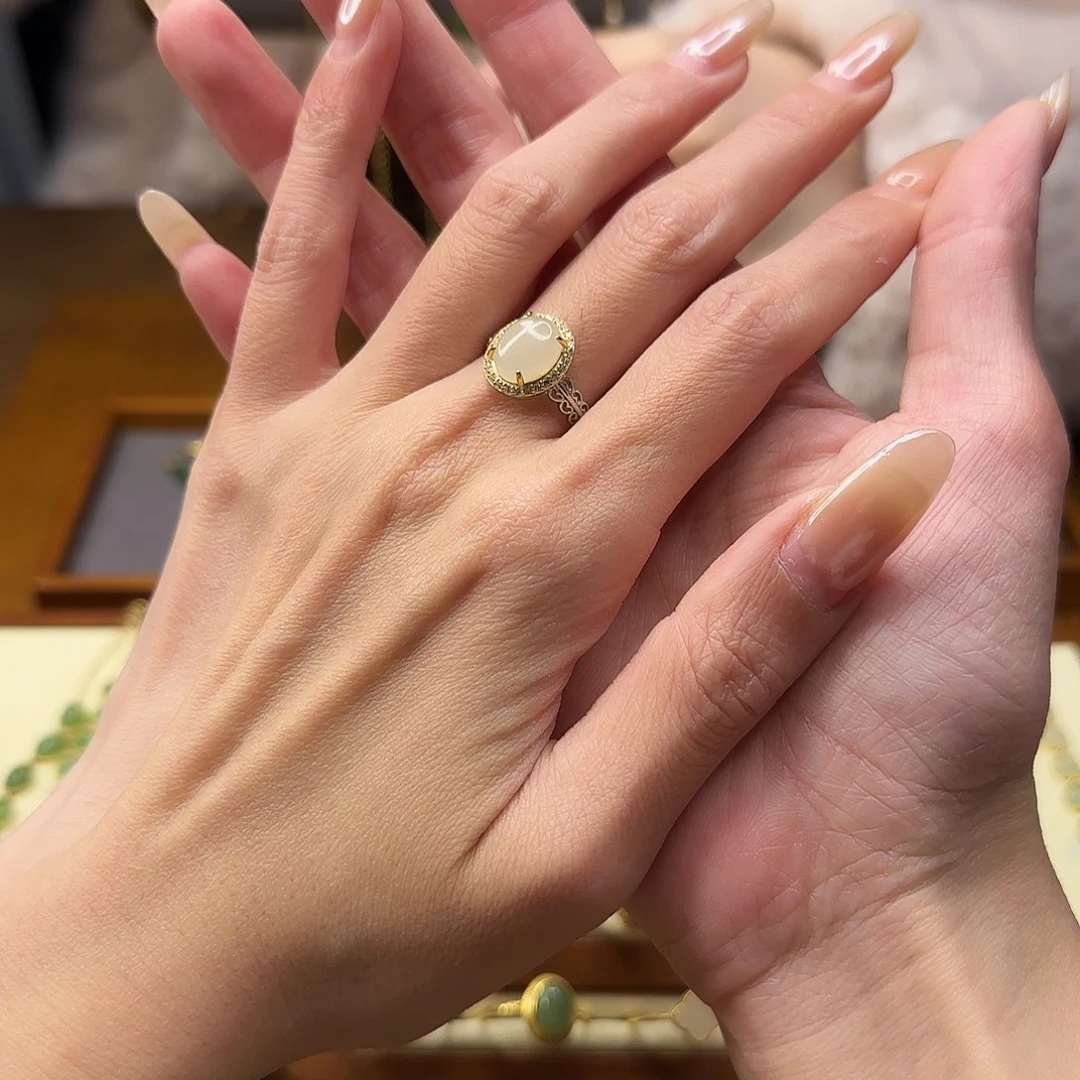 和田玉银S925镀金镶嵌戒指