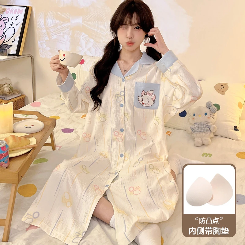 云朵棉睡裙女春秋季长袖开衫网红风可爱卡通简约带胸垫裙子家居服