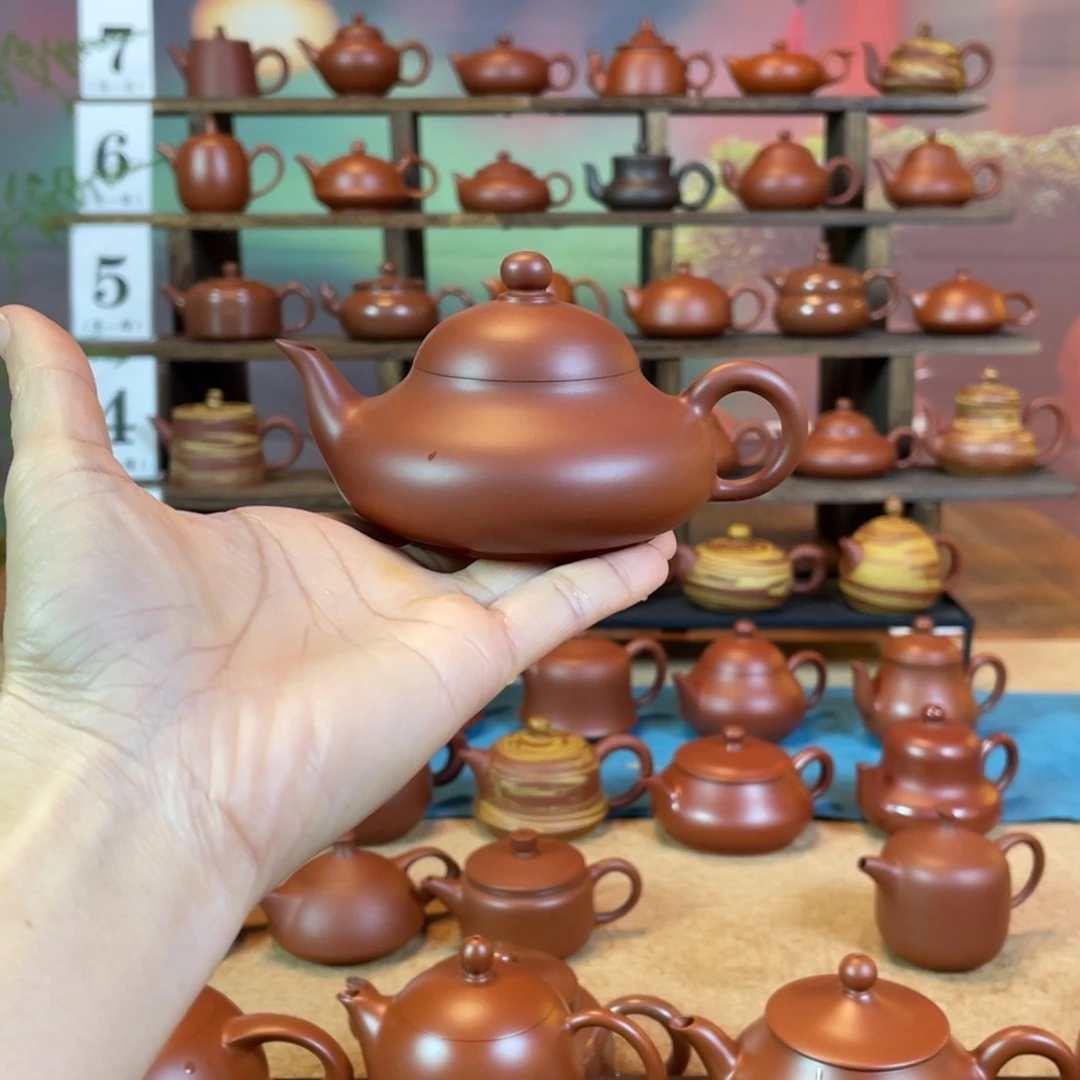 茶壶紫砂?*潮州手工手拉朱泥扁梨壶