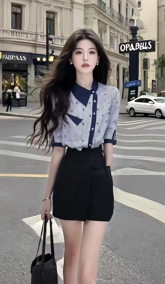 轻奢减龄时尚女装条纹不规则衬衫修身上衣+高腰百搭半身裙两件套