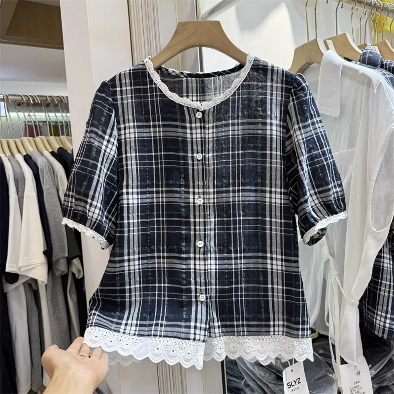 夏季新款蕾丝花边格子大码衬衫宽松显瘦短袖女上衣设计感休闲法式