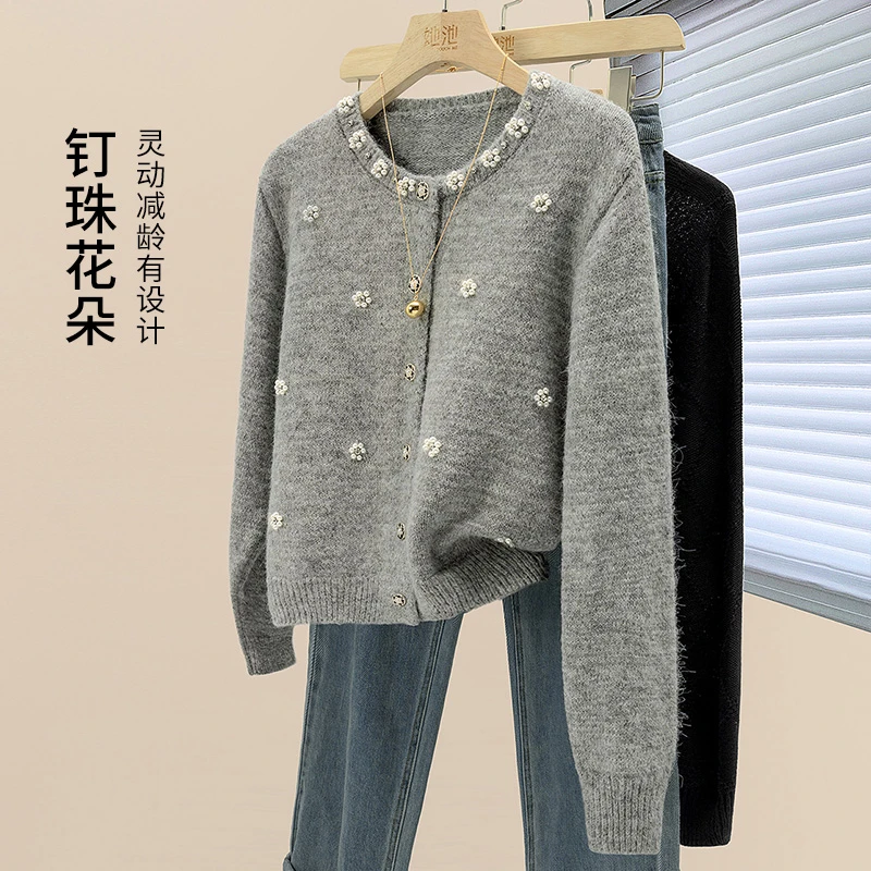 她池冬装新款圆领优雅钉珠绵羊毛针织衫女生韩系ins衣服T51F0009Z
