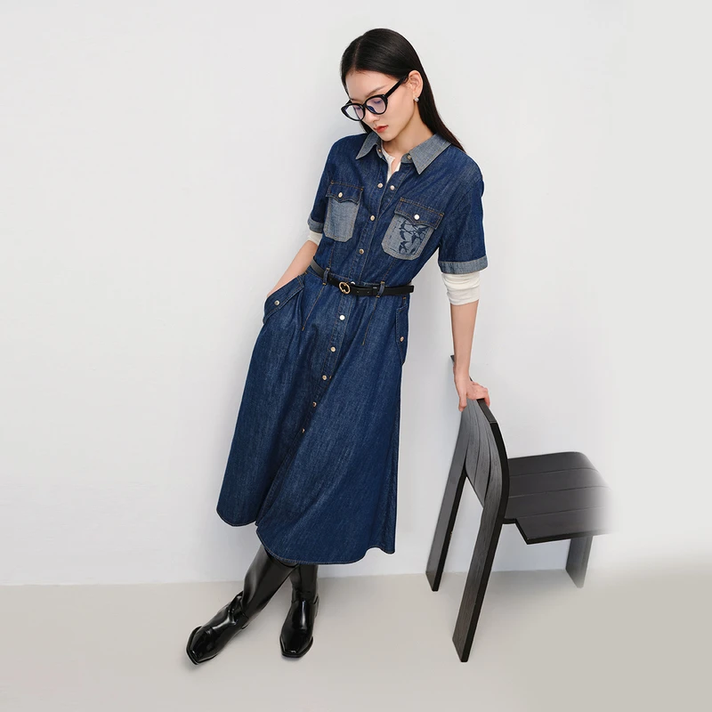 EP雅莹新款女装 时尚翻领短袖收腰土耳其牛仔连衣裙J401A