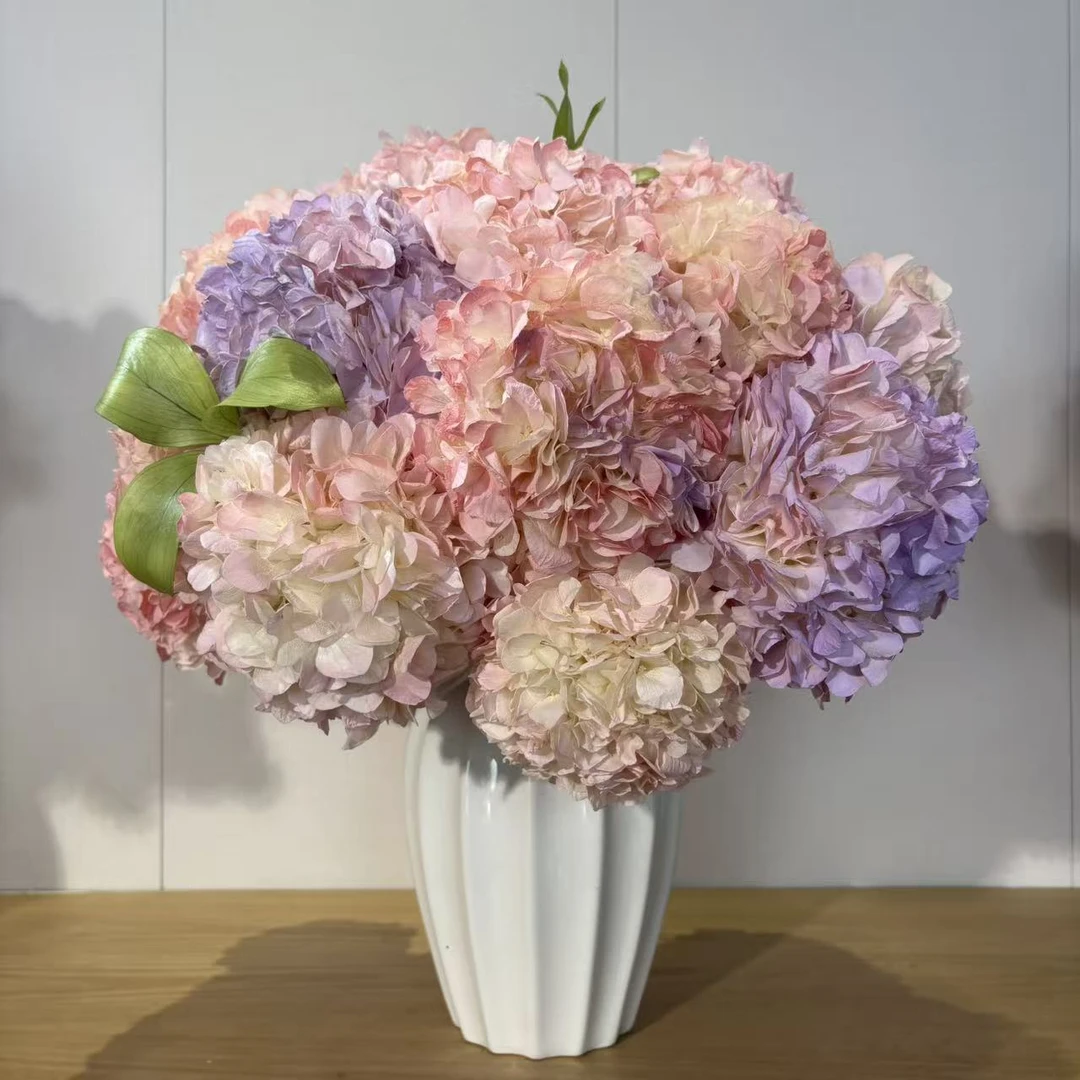 粉色紫色混搭漂色永生大叶绣球成品花束永生花真花保鲜花家居摆件