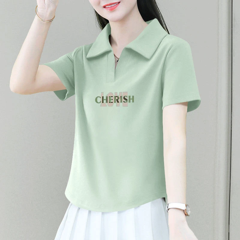抹茶绿洋气翻领百搭夏季新款印花别致纯棉短袖T恤女士简约POLO衫