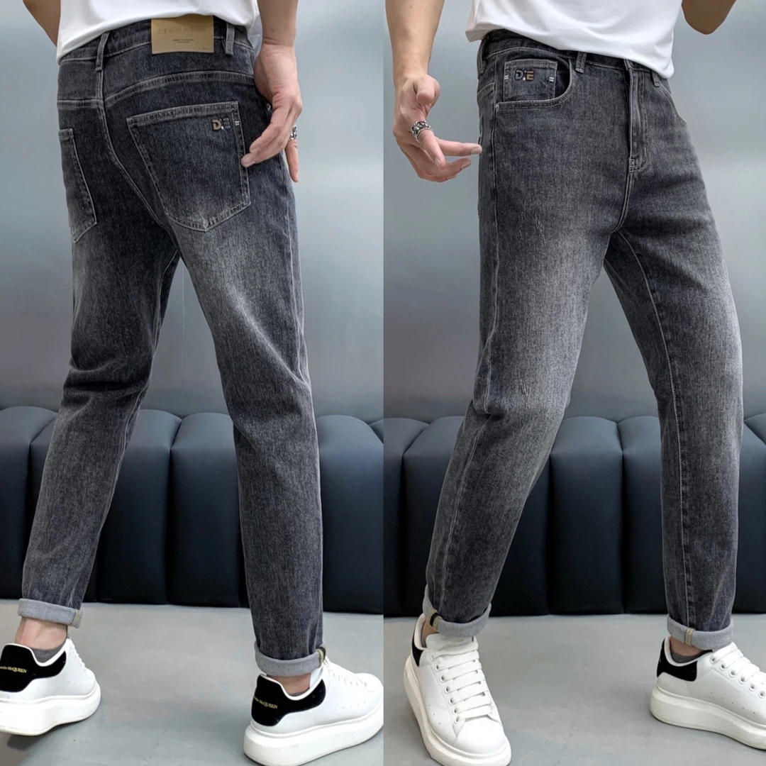 【树邦实体品质】夏季凉感黑灰男士时尚百搭弹力微锥小直筒牛仔长裤