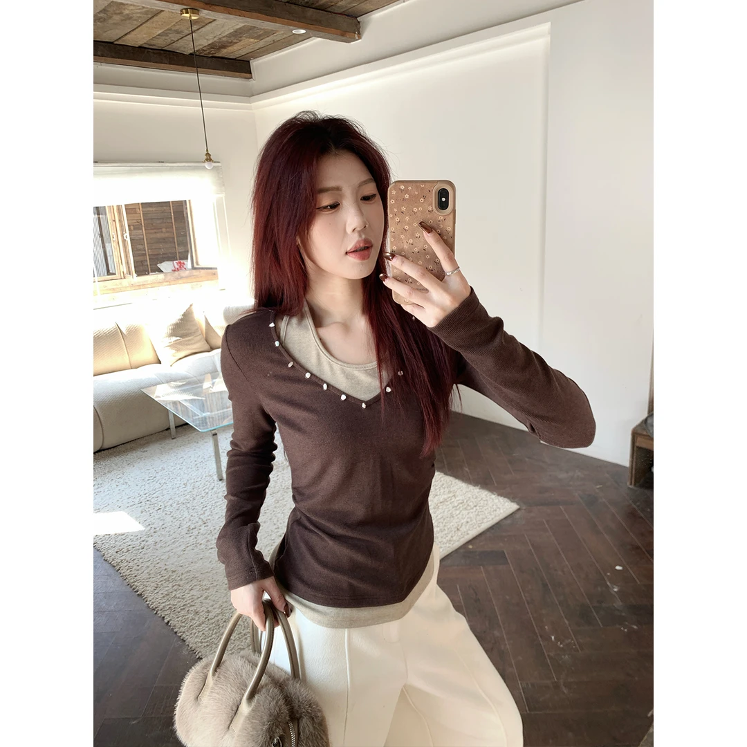 甜辣多多【暮色晚枫】撞色U领假两件针织衫秋冬设计感显瘦上衣女