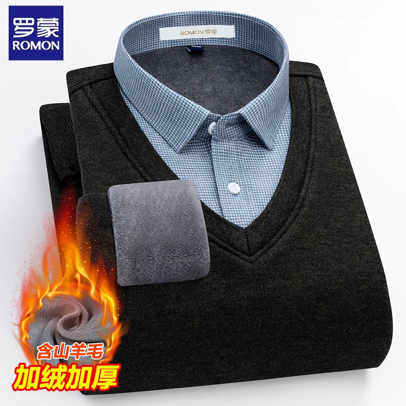 罗蒙轻奢男士加厚加绒保暖衬衫山羊绒商务假两件针织衫中年爸爸装