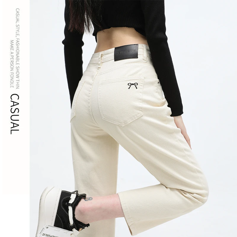 米白色直筒九分牛仔裤女春2025新款爆款显瘦高腰春秋小个子烟管裤