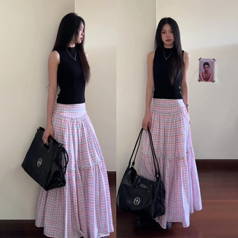 韩系粉色格子a字半身裙女夏季2025设计感收腰显瘦小个子长裙1949