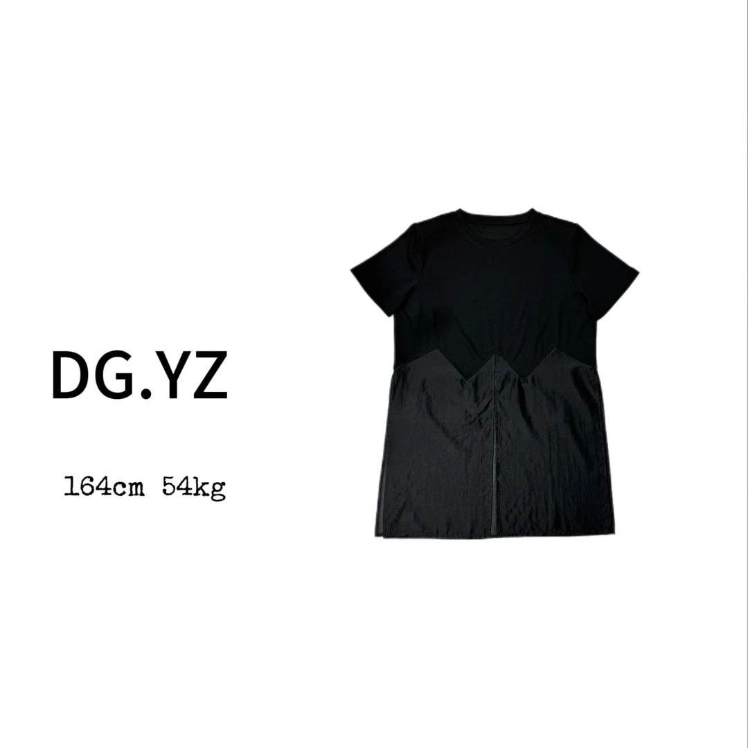 【樱子家】2732F新款时尚中长圆领宽松休闲拼接网纱垫肩T恤