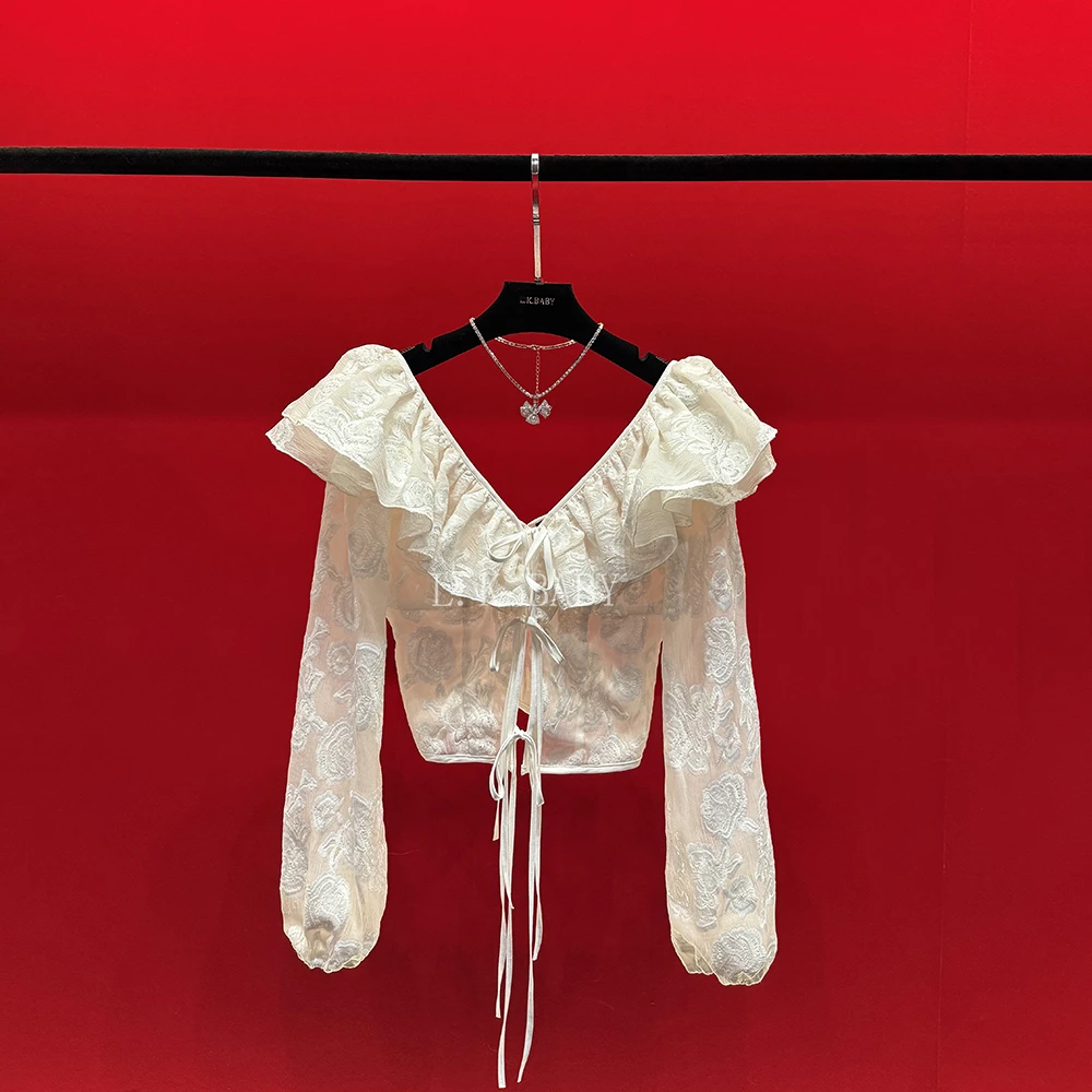 【L.K.BABY】晨雾百合  法式纯欲「浮雕蕾丝」荷叶边绣花镂空绑带衬衫