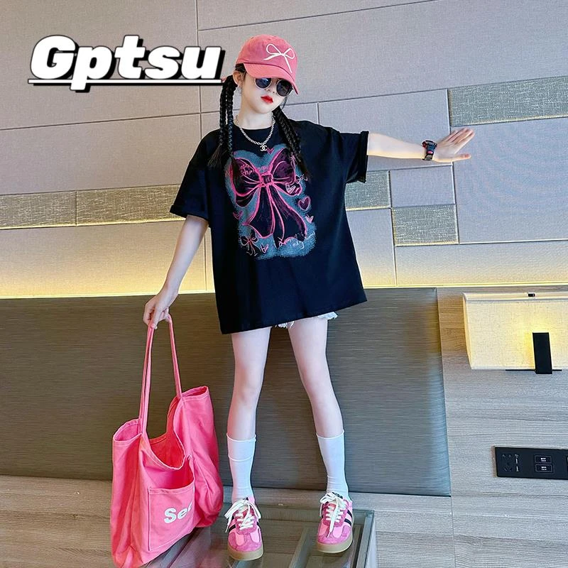 GPTSu女童短袖t恤2025新款穿搭上衣儿童夏装大童女孩半袖体恤黑色