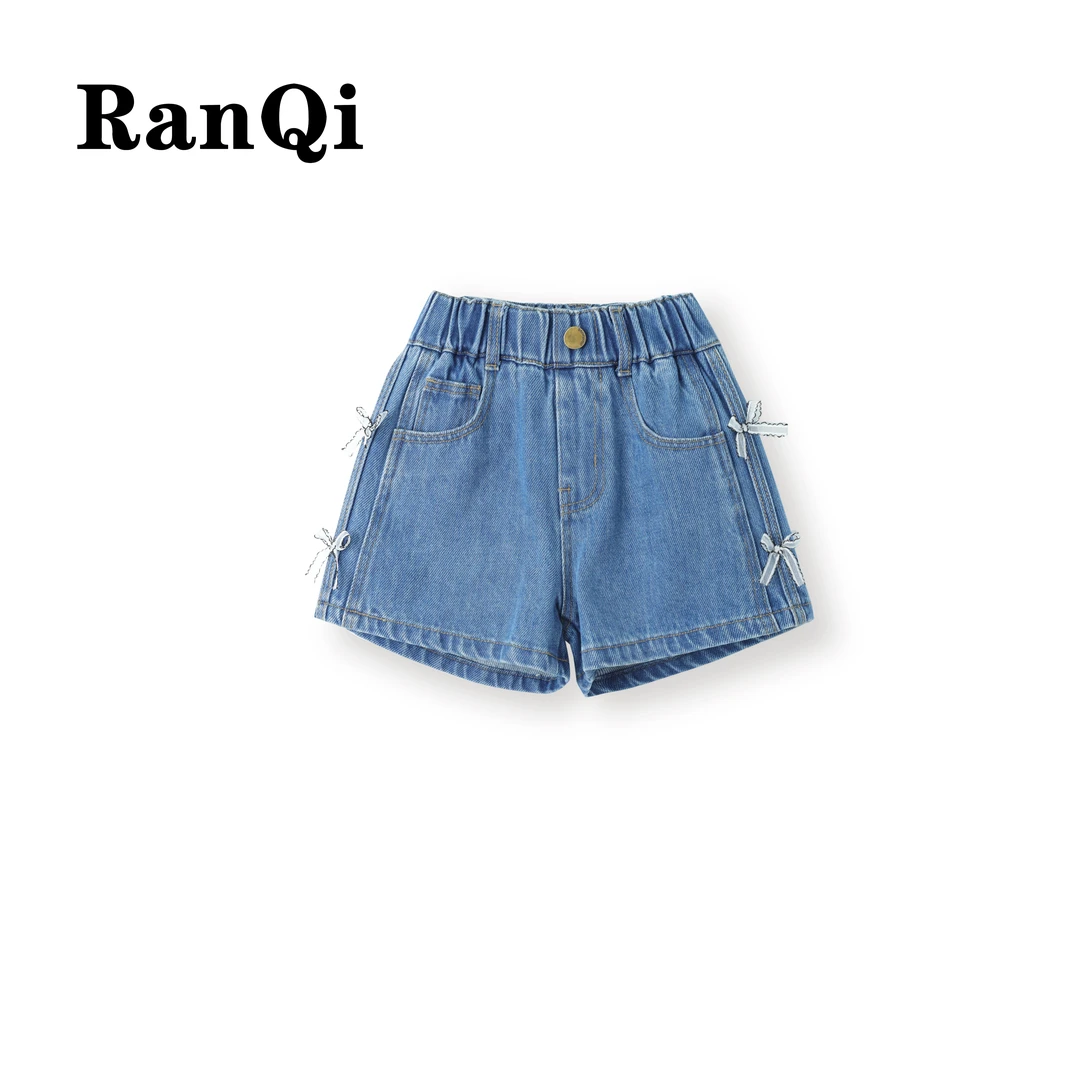 女童牛仔短裤夏款2025夏季新款裤边蝴蝶结中大童百搭牛仔短裤A056