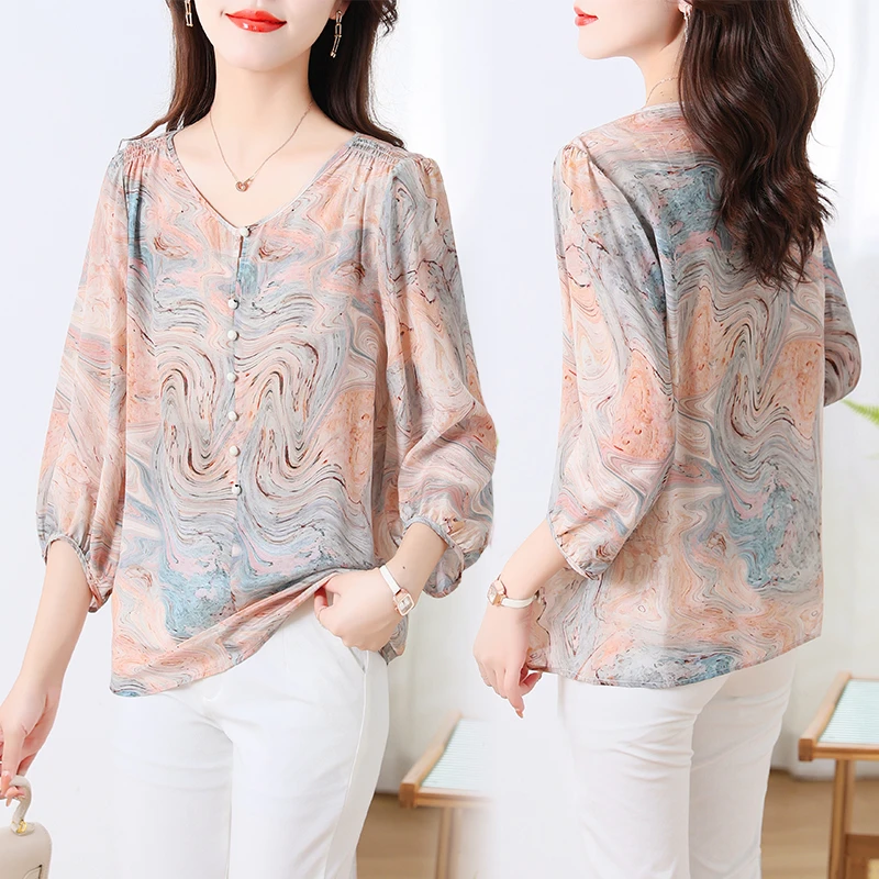 断码清仓！真丝印花圆领桑蚕丝T恤短袖简约百搭