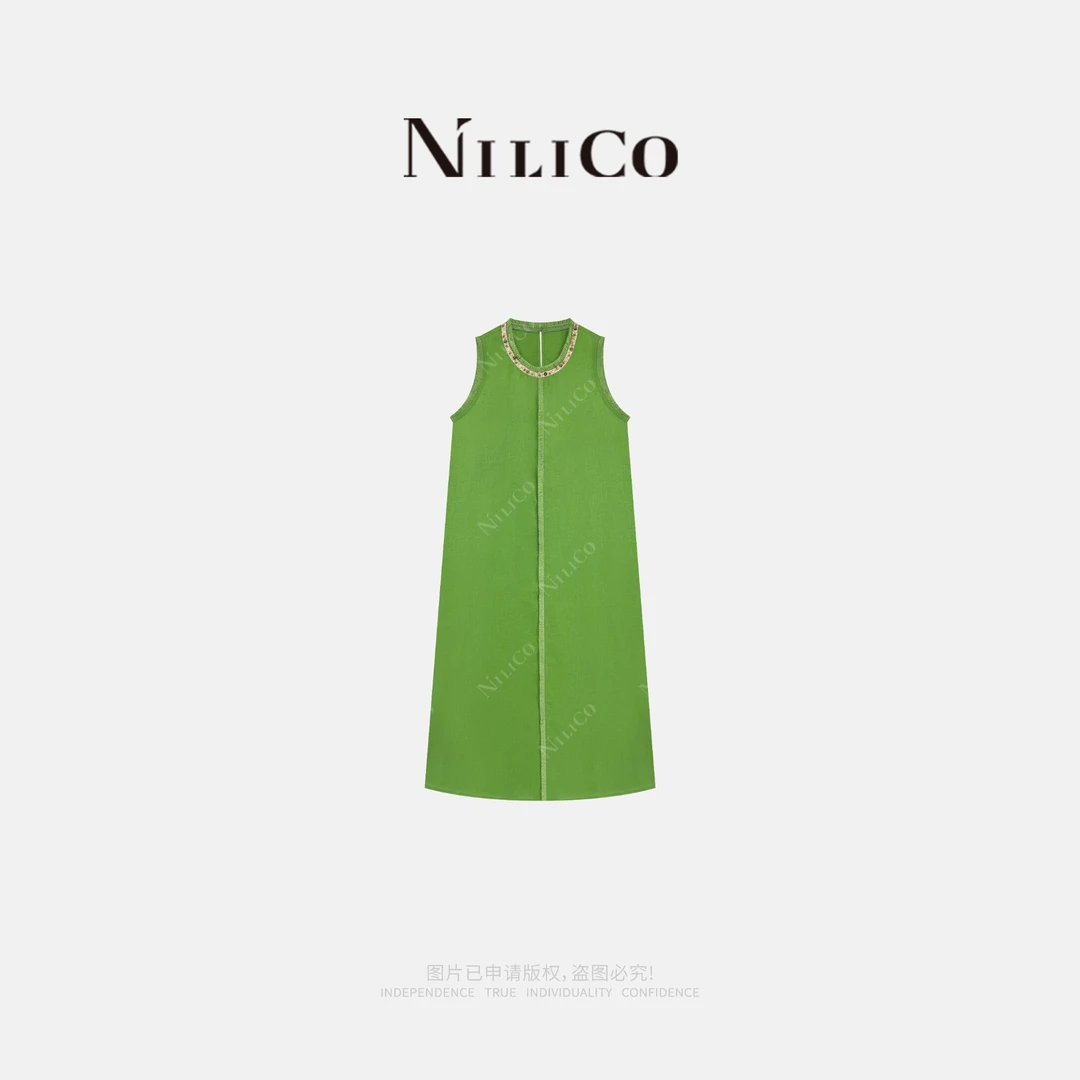 NILICO【青仙】全亚麻波西米亚气质设计感轻奢中长款连衣裙夏季