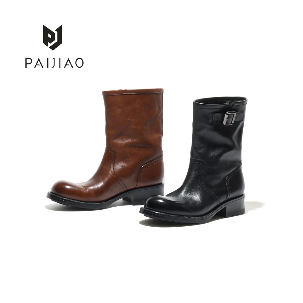 马皮复古圆头带扣酷飒设计搭配美拉德厚底女鞋骑士马丁靴XC1103-1