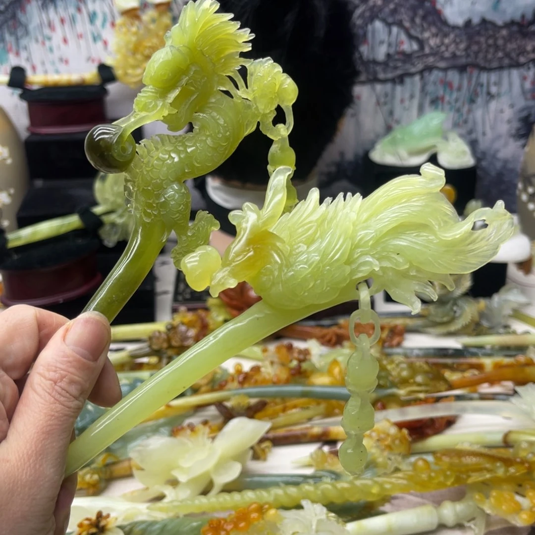 【闪购商品】蛇纹石玉发饰合金青**水