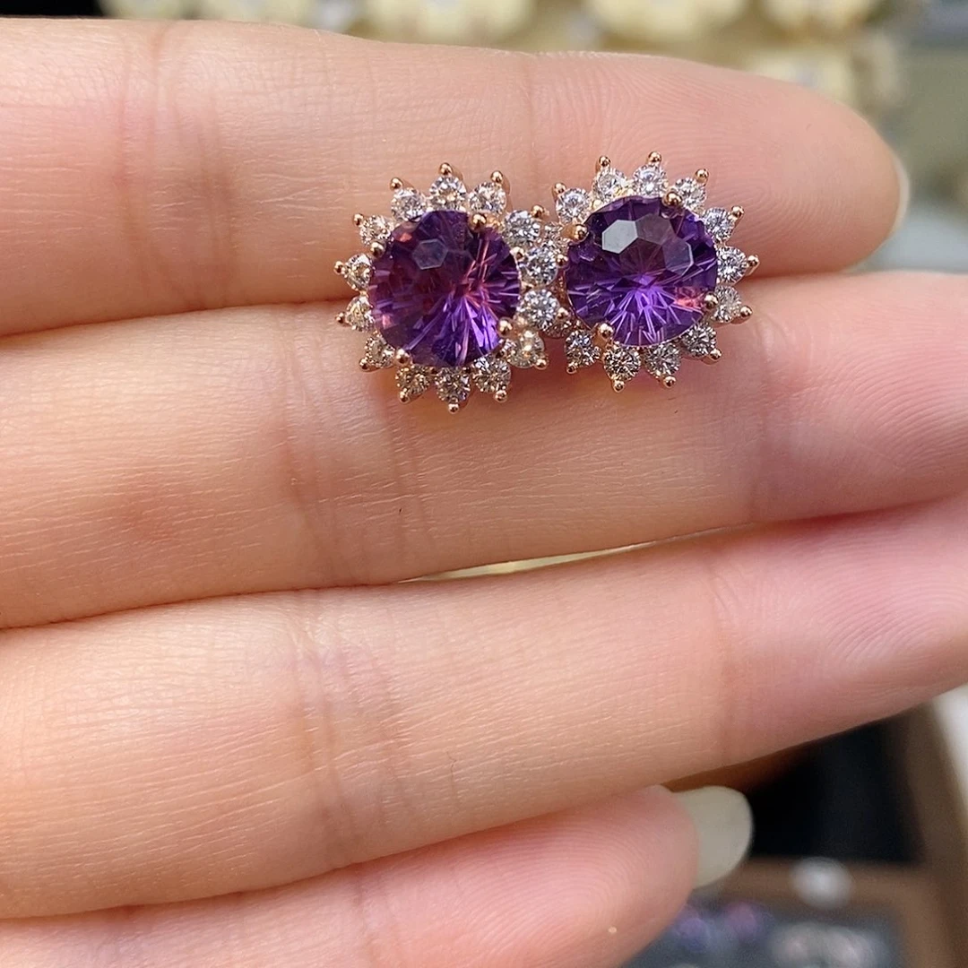 紫晶耳饰银S925镶嵌圆8