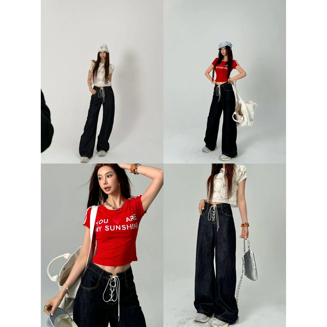 婉君【交叉带牛仔】早春美式复古绑带阔腿时尚牛仔裤LWJ25A1K140